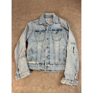 Topman Womens Classic Fit Distressed Button Up Pockets Blue Denim Jean Jacket XS